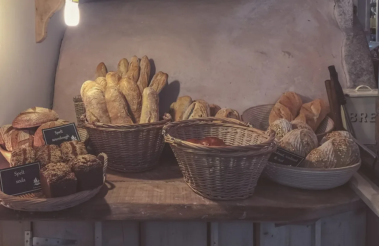 Baskets of sourdough, baguettes and seeded loaves on a bakery counter. The photo was not taken in Knoxville.
