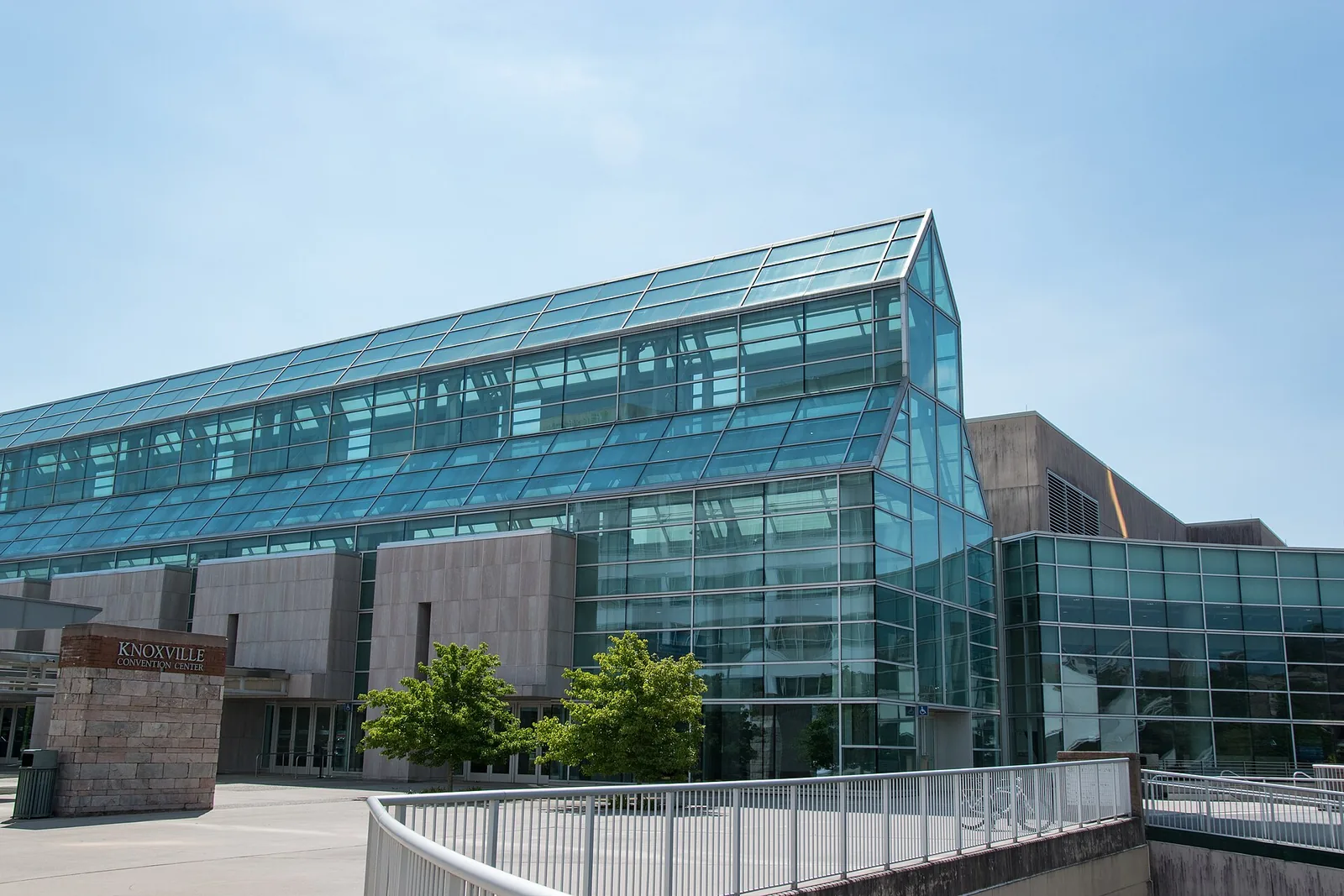 The glass front of the Knoxville Convention Center on Henley Street, home of the Knoxville Holiday Market.