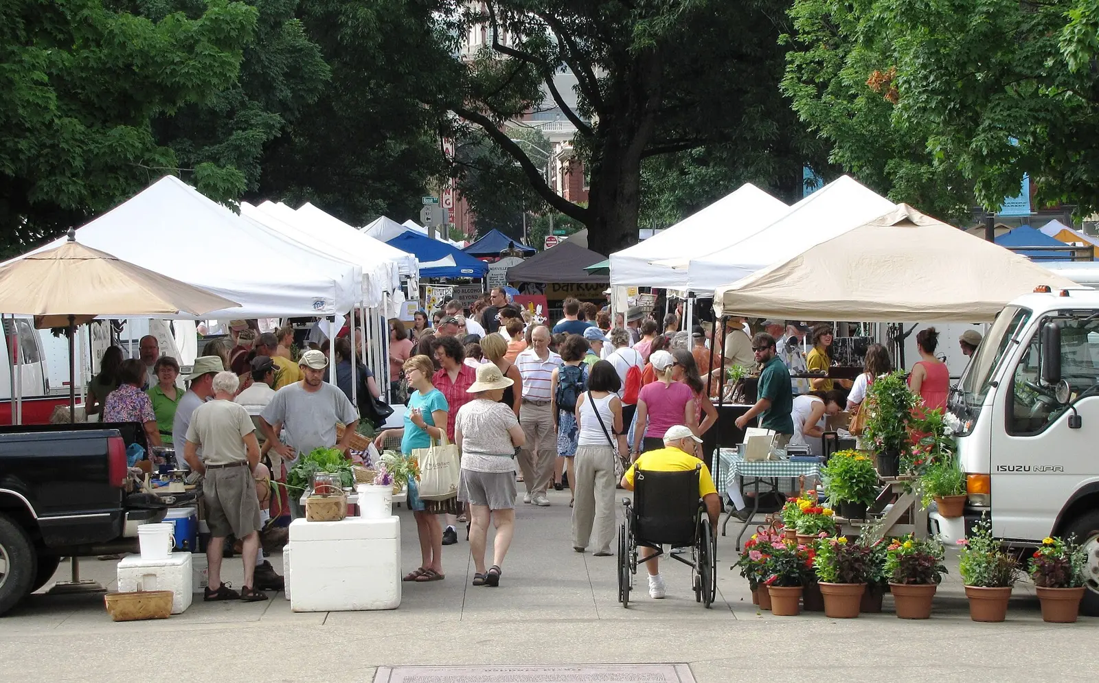Shoppers among the vendors' tents at the Market Square Farmers Market in downtown Knoxville.