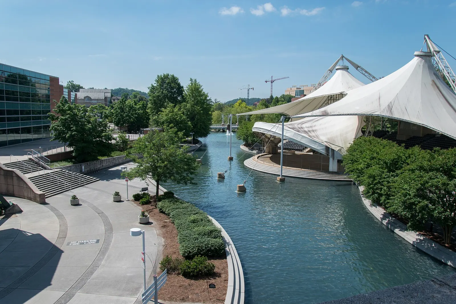 The lagoon and amphitheater at World's Fair Park in downtown Knoxville, where the city holds its Festival on the 4th.