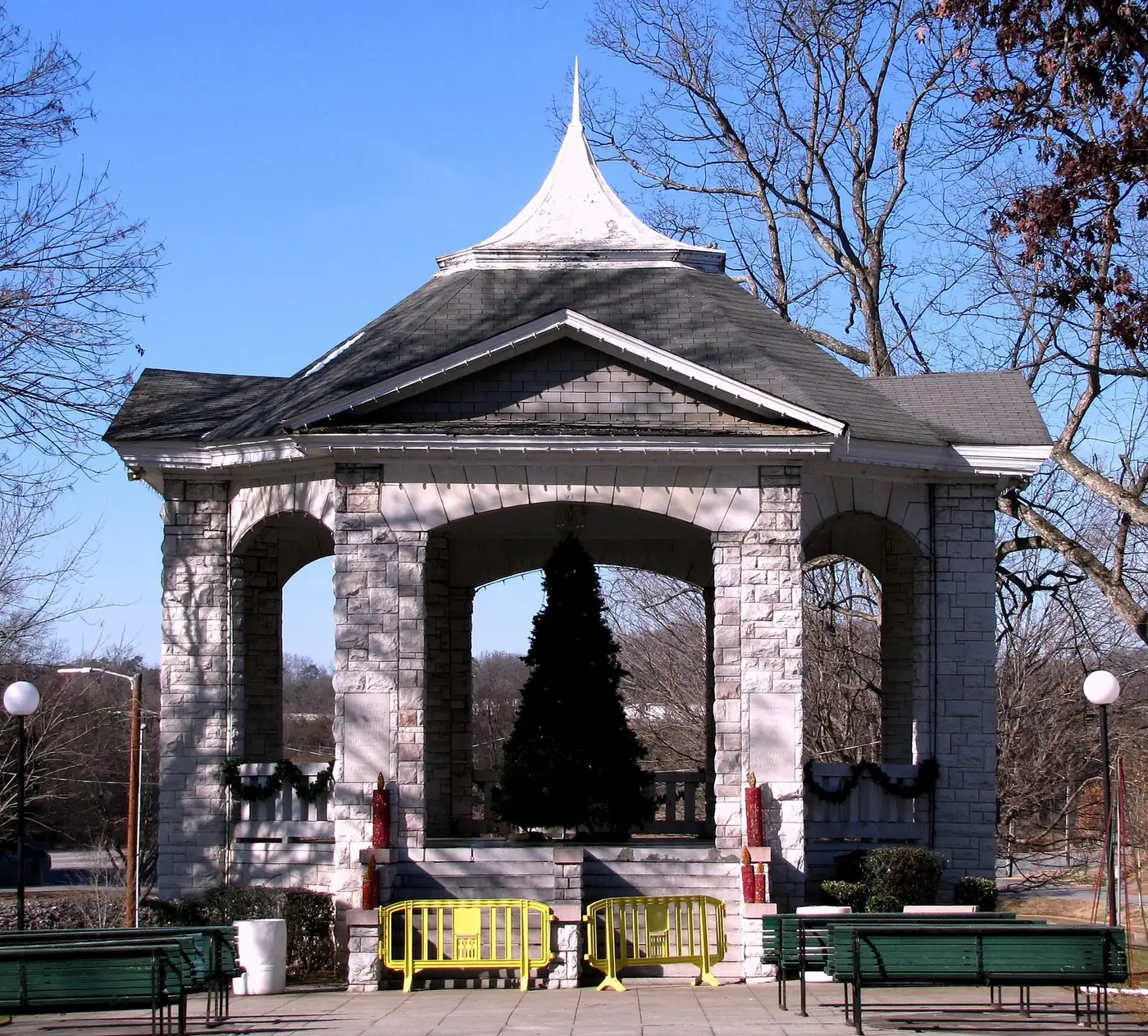 A Christmas tree inside the stone bandstand at Chilhowee Park in East Knoxville, where the city's Christmas at Chilhowee tree is lit.