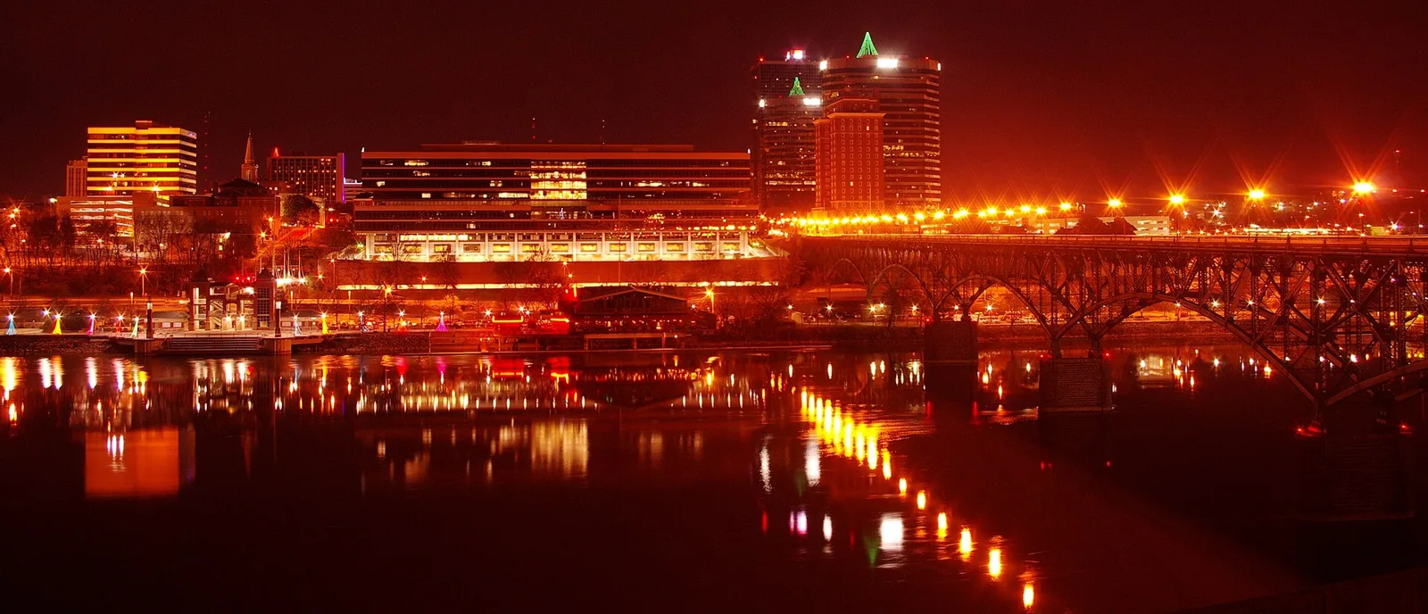 Downtown Knoxville at night, seen across the Tennessee River from the South Waterfront.