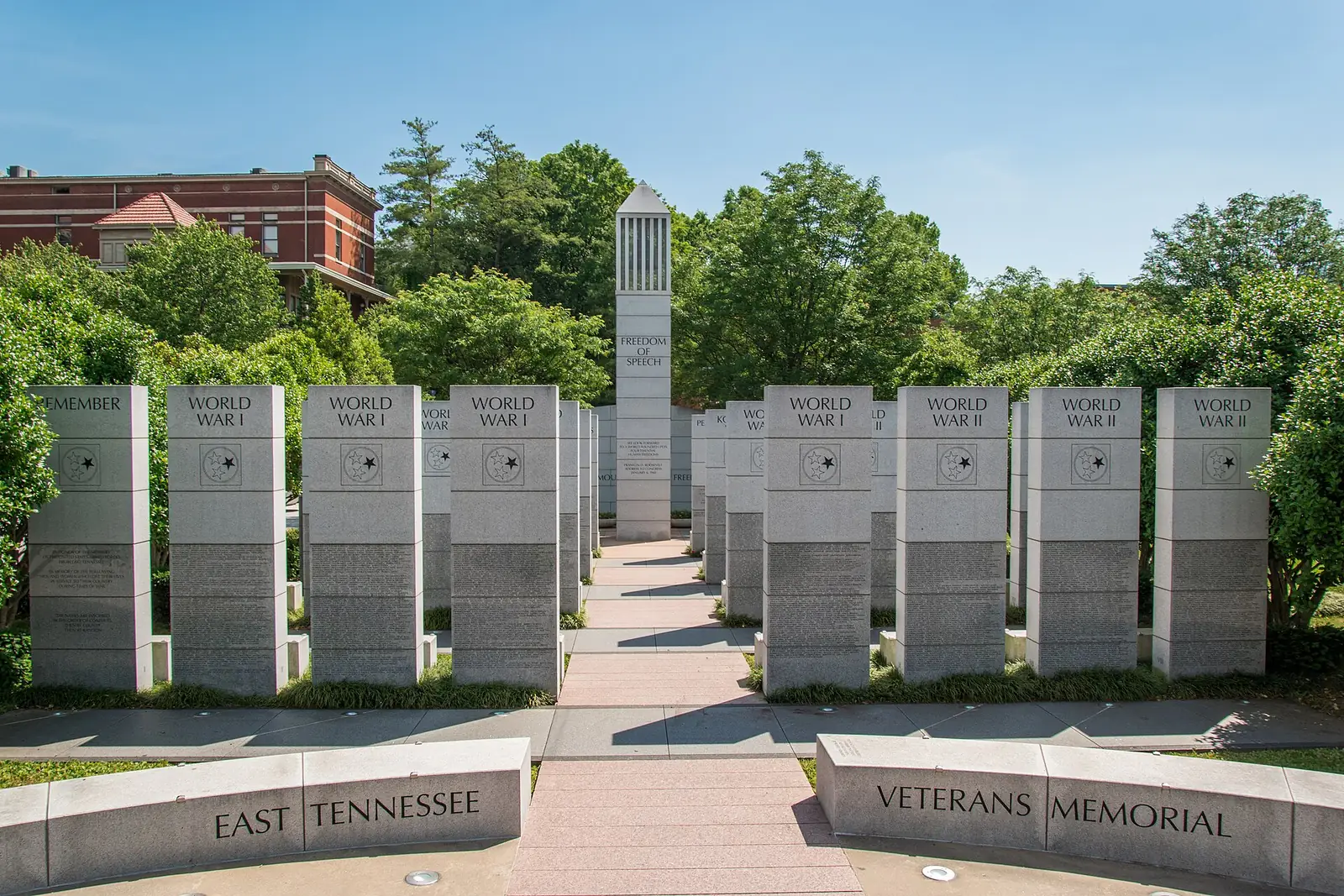 The granite pylons of the East Tennessee Veterans Memorial in World's Fair Park, inscribed with the names of the region's fallen.
