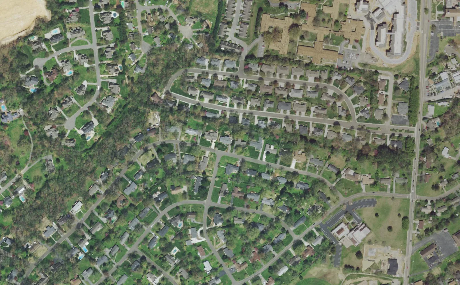 Aerial view of streets of houses in the West Hills neighborhood of West Knoxville.