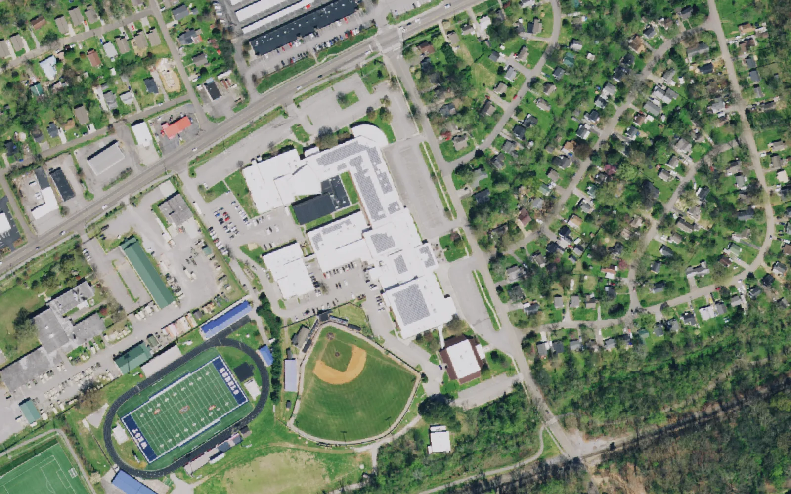 Aerial view of West High School, its football stadium and baseball field on Sutherland Avenue in Knoxville, from the 2021 National Agriculture Imagery Program survey