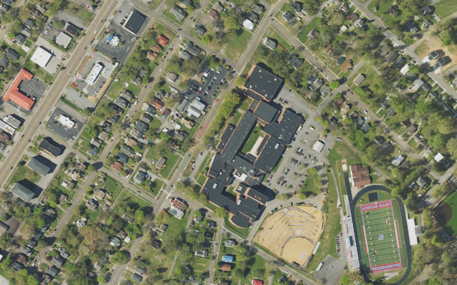 Aerial view of the area around Austin-East Magnet High School on Martin Luther King Jr. Avenue, Knoxville, from the 2023 National Agriculture Imagery Program survey