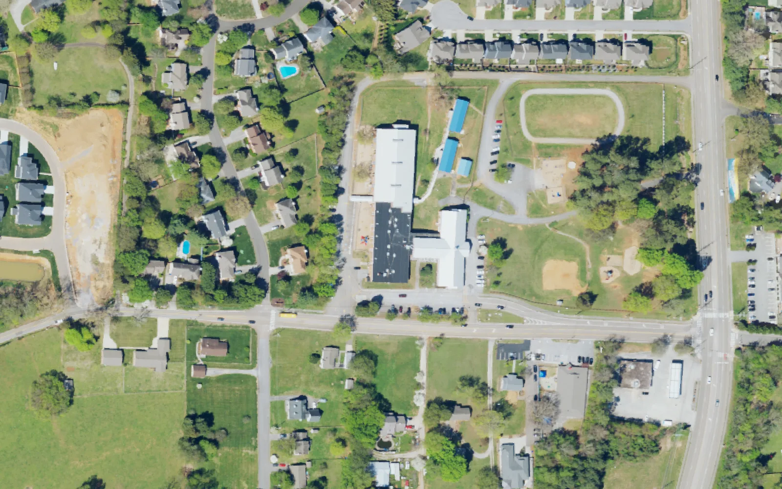 Aerial view of the area around Blue Grass Elementary School on Bluegrass Road, Knoxville, from the 2023 National Agriculture Imagery Program survey