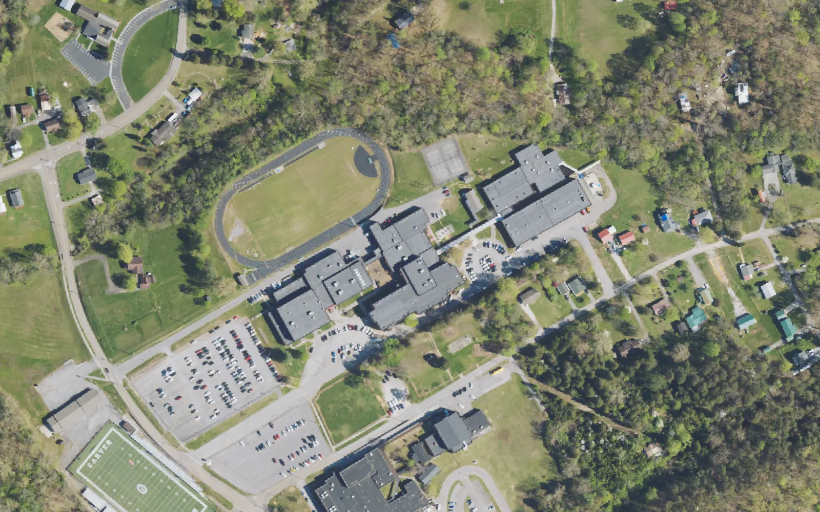 Aerial view of the area around Carter High School on N. Carter School Road, Strawberry Plains, from the 2023 National Agriculture Imagery Program survey