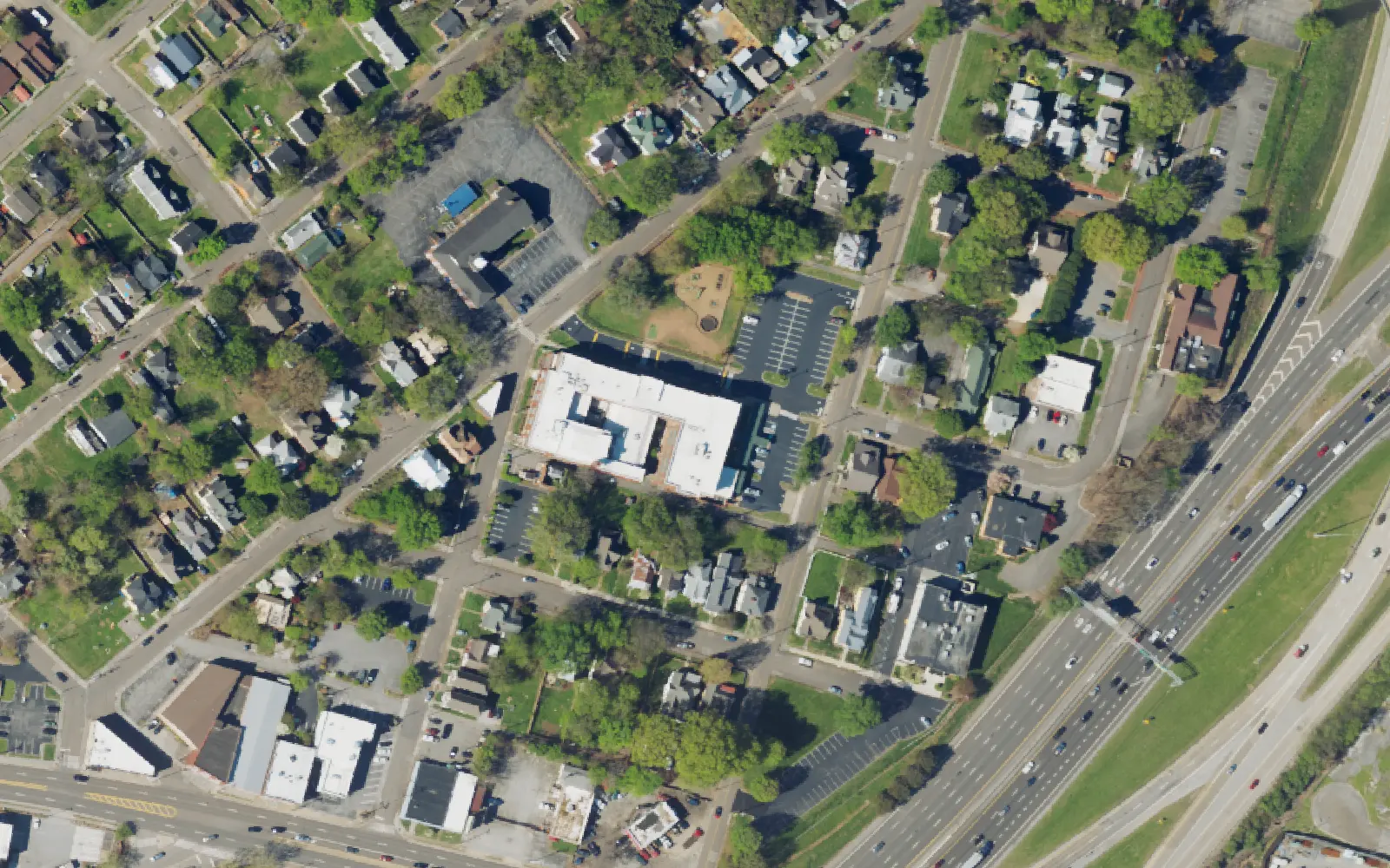 Aerial view of the area around Emerald Academy on Carrick Street, Knoxville, from the 2023 National Agriculture Imagery Program survey