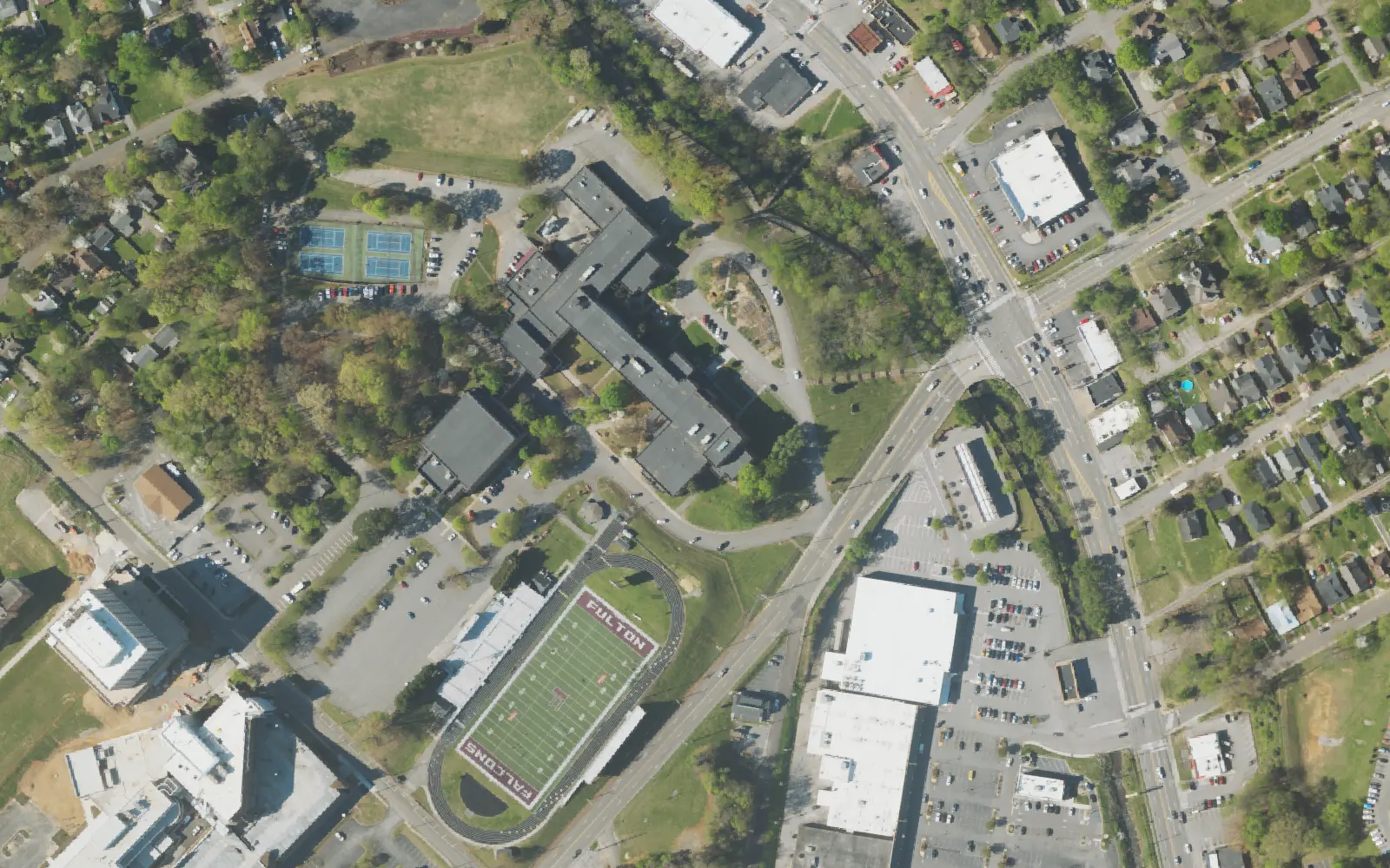 Aerial view of the area around Fulton High School on North Broadway, Knoxville, from the 2023 National Agriculture Imagery Program survey