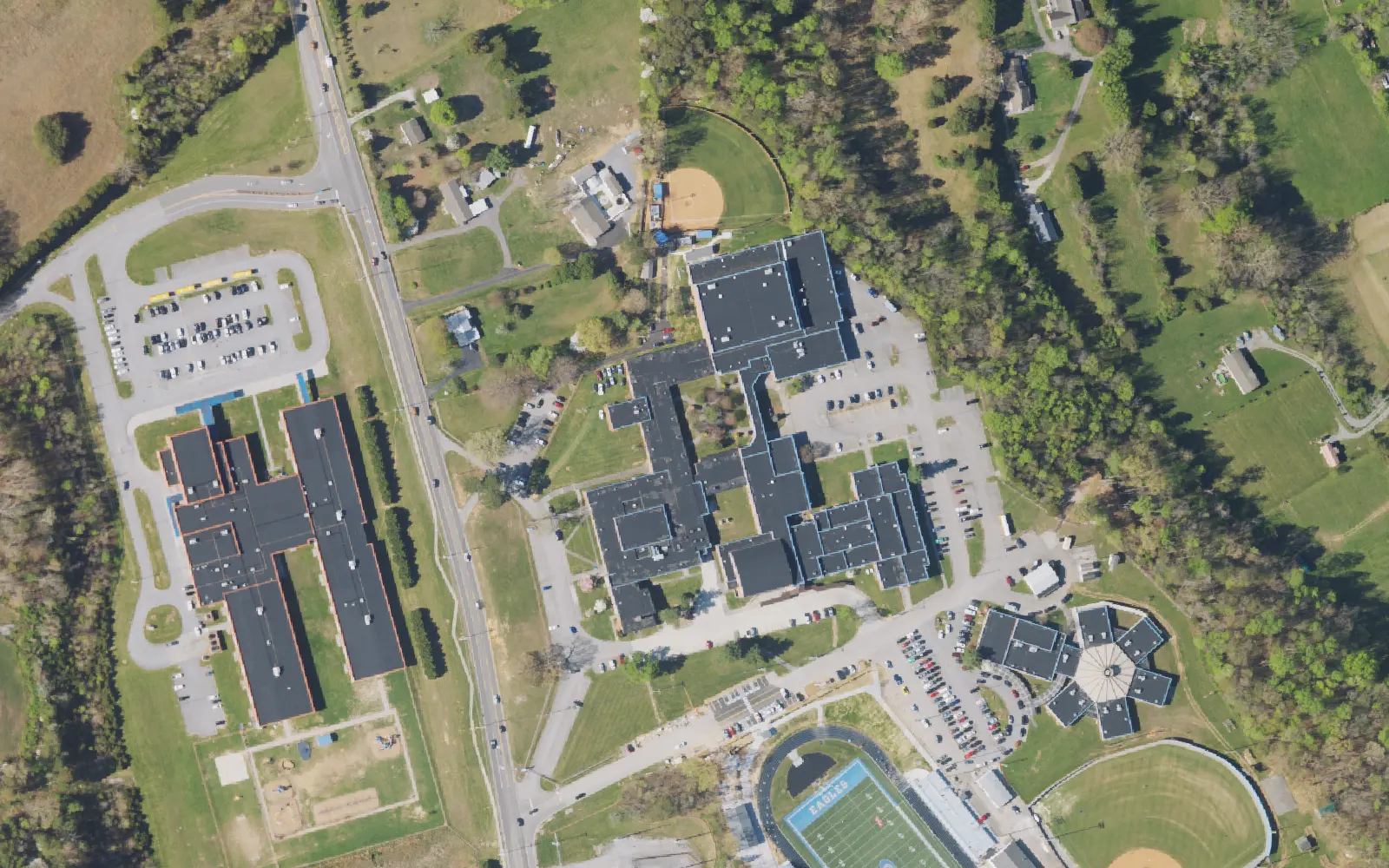 Aerial view of the area around Gibbs High School on Tazewell Pike, Corryton, from the 2023 National Agriculture Imagery Program survey