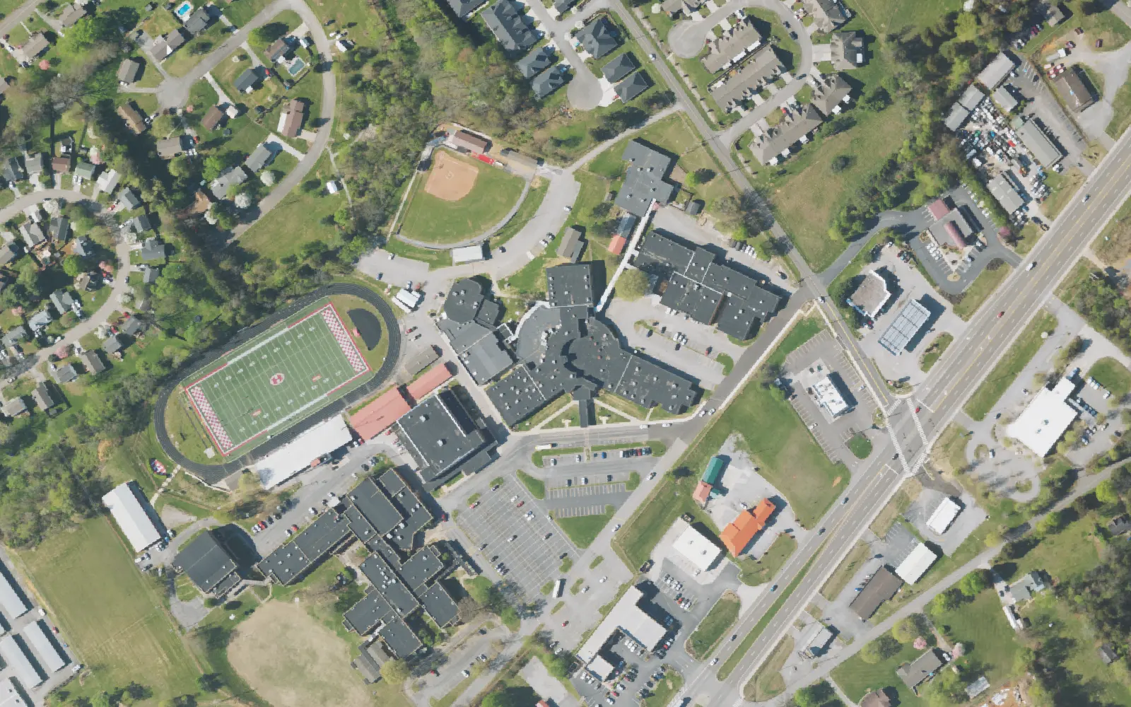 Aerial view of the area around Halls High School on E. Emory Road, Knoxville, from the 2023 National Agriculture Imagery Program survey