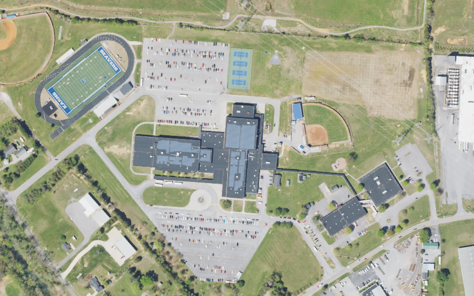 Aerial view of the area around Karns High School on Byington Solway Road, Knoxville, from the 2023 National Agriculture Imagery Program survey