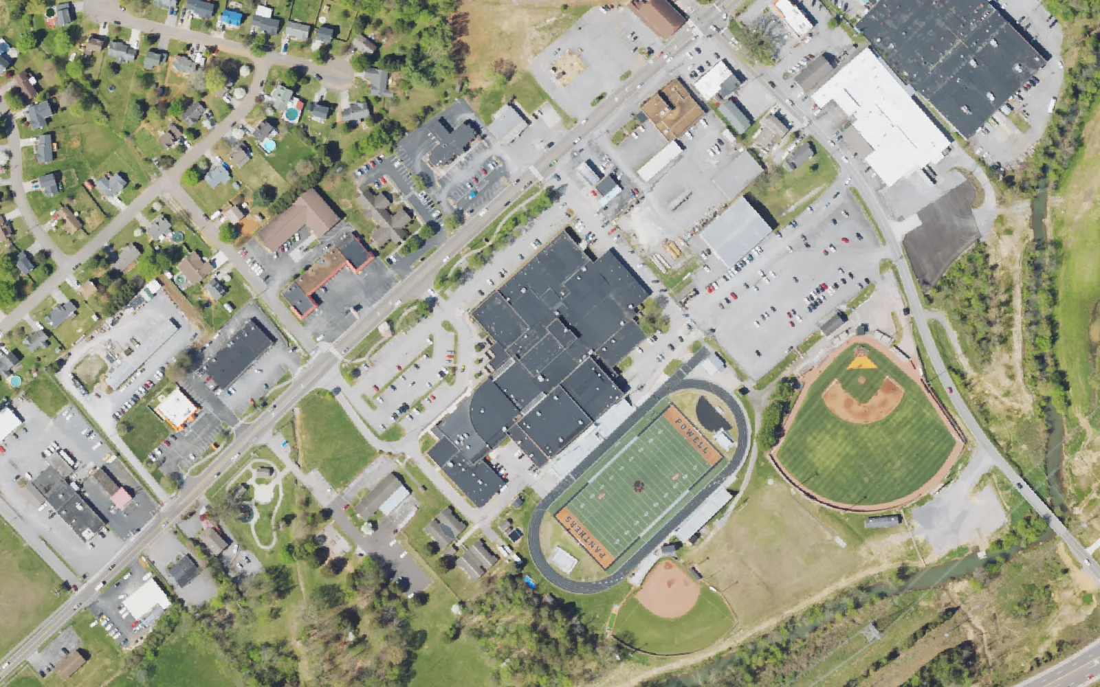 Aerial view of the area around Powell High School on W. Emory Road, Powell, from the 2023 National Agriculture Imagery Program survey
