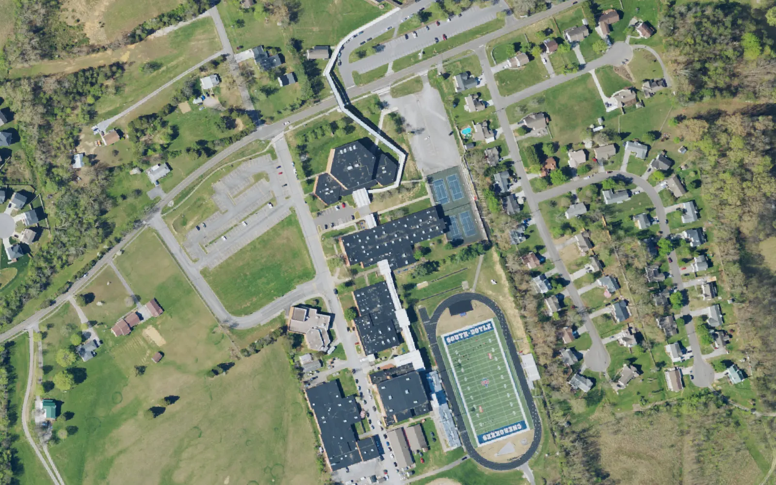 Aerial view of the area around South-Doyle High School on Tipton Station Road, Knoxville, from the 2023 National Agriculture Imagery Program survey