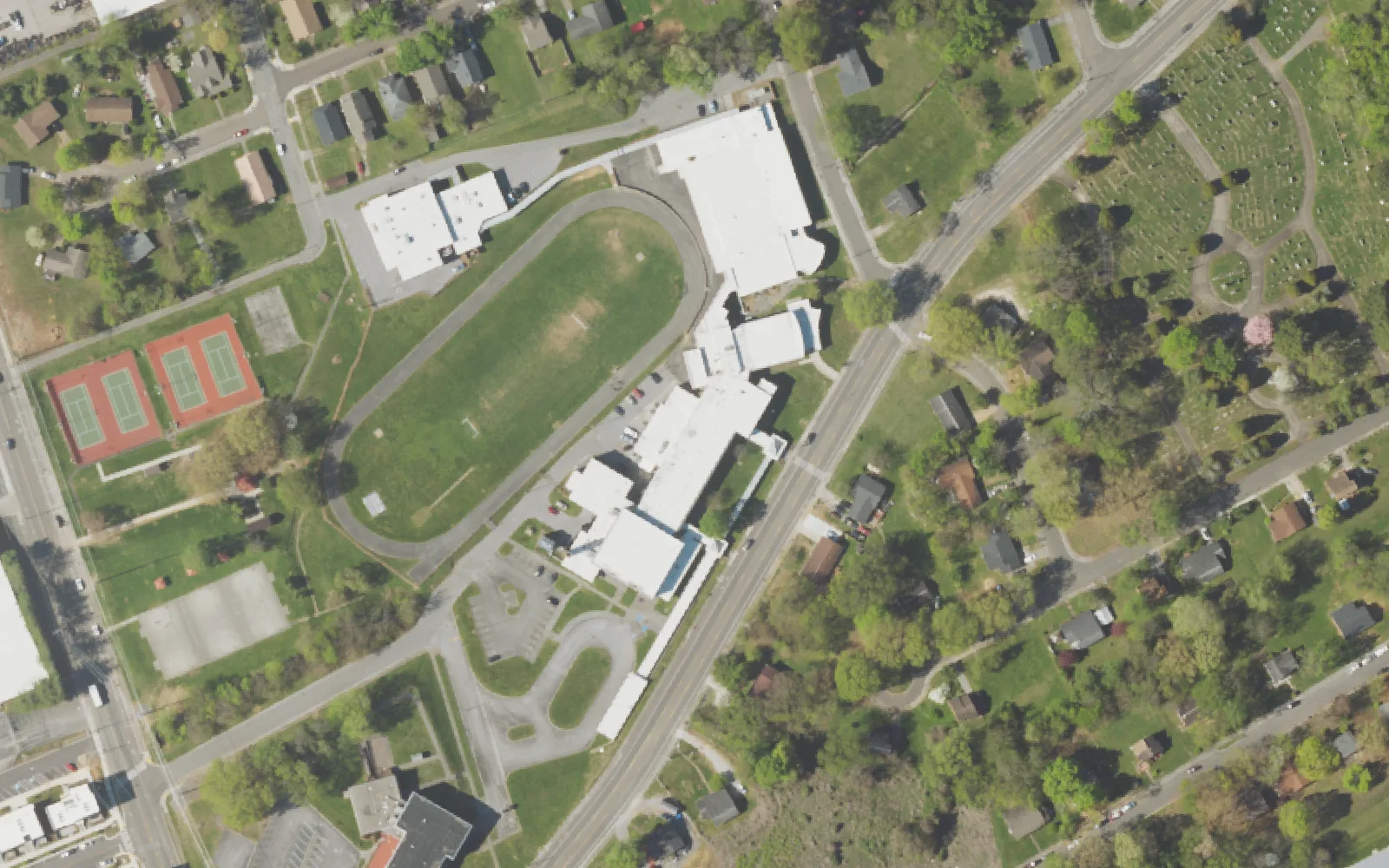 Aerial view of the area around Vine Middle Magnet School on Martin Luther King Jr. Avenue, Knoxville, from the 2023 National Agriculture Imagery Program survey