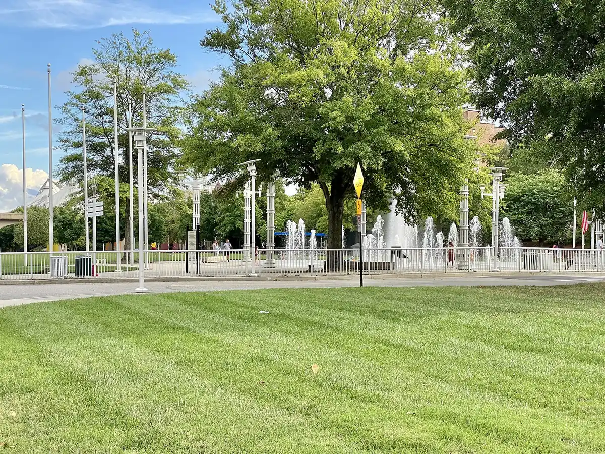 The play fountains on the lawn at World's Fair Park in downtown Knoxville, one of the city's free splash spots.