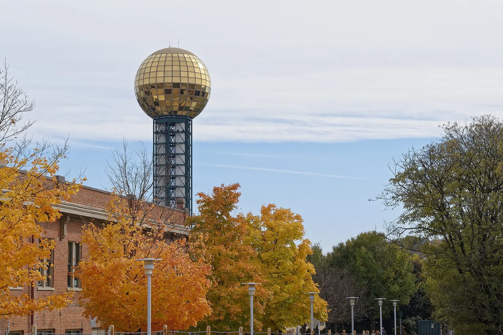 The Sunsphere rises above fall color in World's Fair Park in downtown Knoxville.